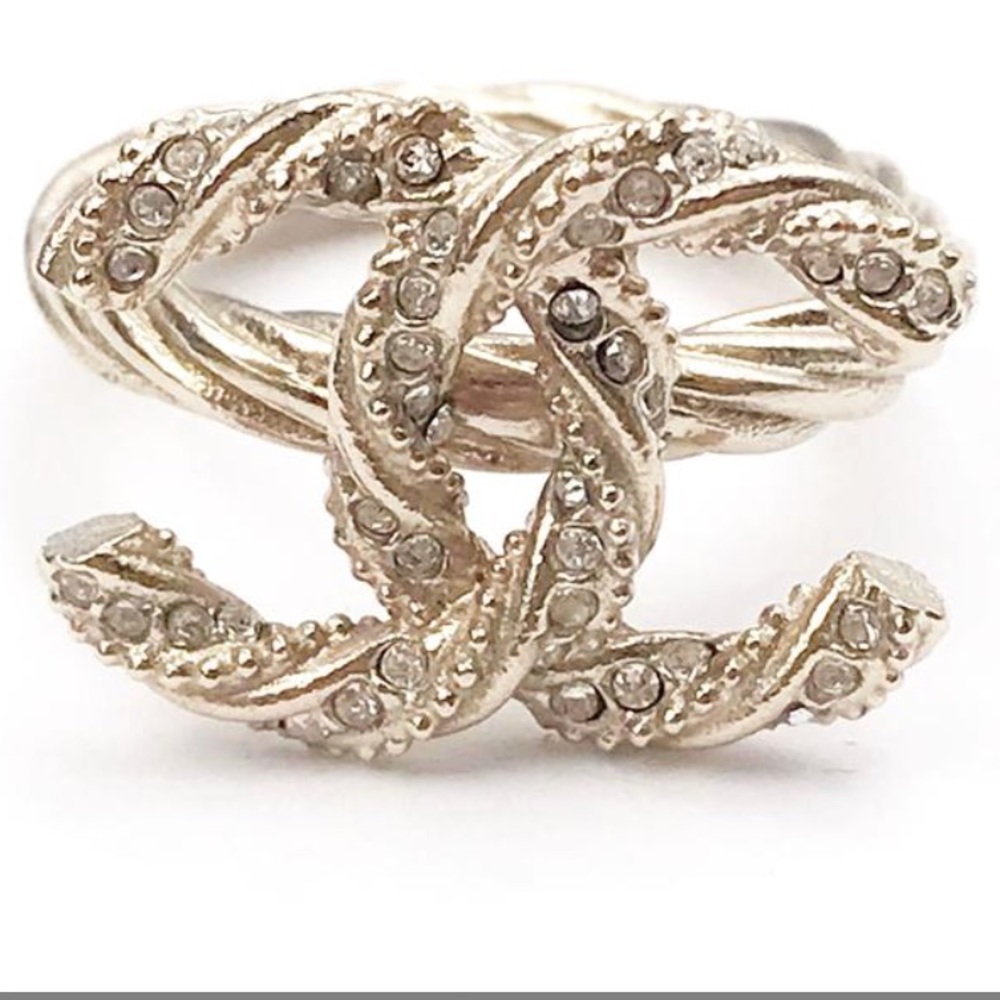 Chanel Crystal encrusted CC Silver Ring
